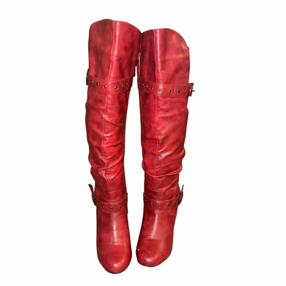 Forever Young ALKA Red Over The Knee Wedge Boots - Size 6